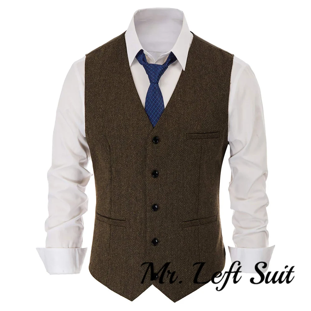 

Men's Western Herringbone Tweed Suit Vest Wool Blend V Neck Waistcoat Single-breasted Herringbone Slim Fitted Suit Vests