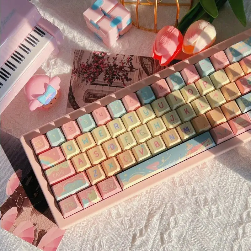 

131/139Keys Cartoon Cute Keycap Paper Airplane Pink Yellow Wish Exchange Store Theme Pbt Cherry For Mechanical Keyboard Keycap