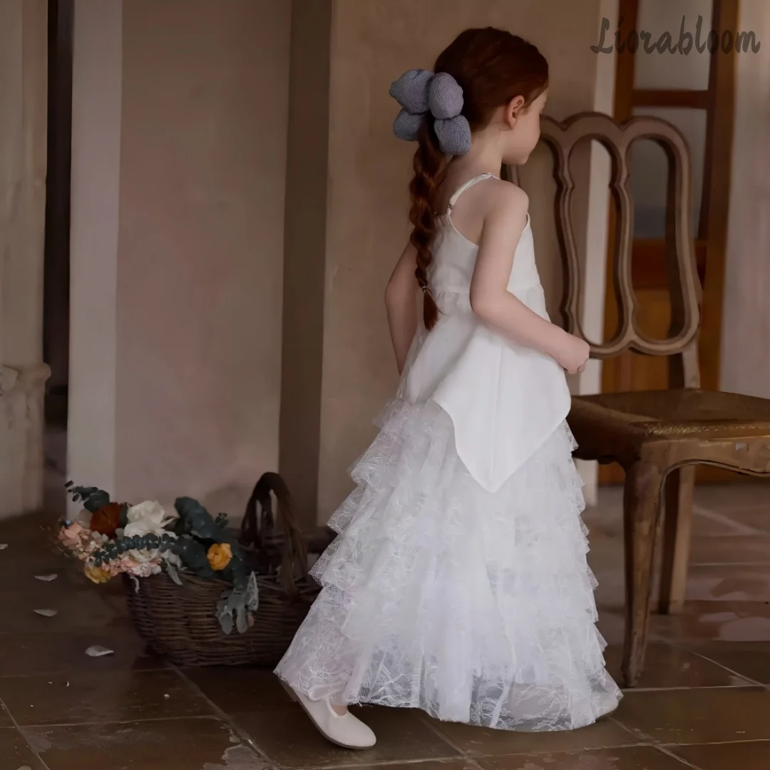 Vestido de niña blanco con tirantes, elegante y fresco, para boda, fiesta, noche, con volantes, ropa formal elegante, atuendo de boda
