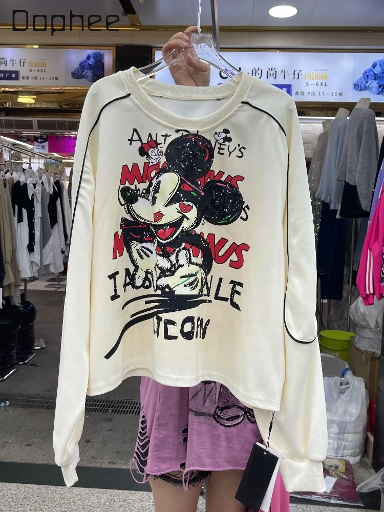 Pullover Sweatshirt for Women 2025 Autumn New Heavy Cartoon Print Sequin Crew Neck Loose Casual Top Kawaii Aesthetic Sweatshirts