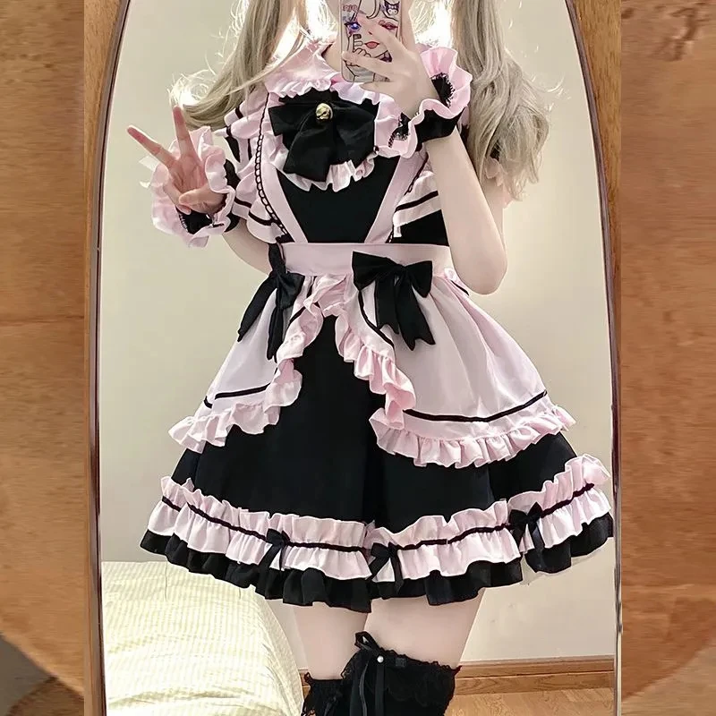 French Cute Black And Pink Lolita Dress Maid Outfit Cos Sweet Girly Cat Bow Suit Birthday Prom Dresses Girl Summer Dress Women