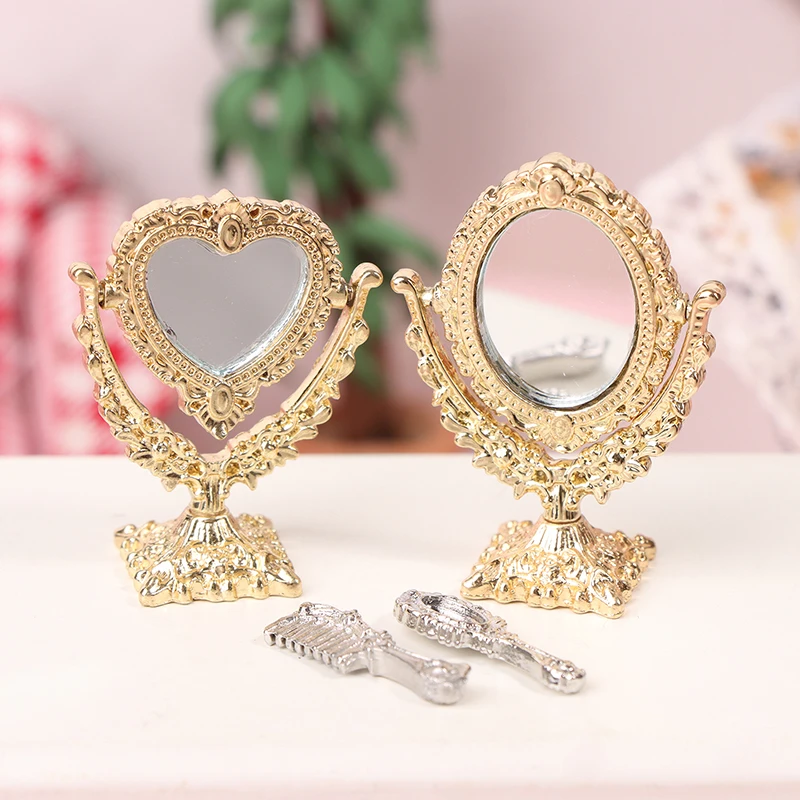 1Set 1/12 Doll House Miniature Vanity Mirror Comb Handheld Mirror Model DIY Dollhouse Decor Accessories For Kid Pretend Play Toy