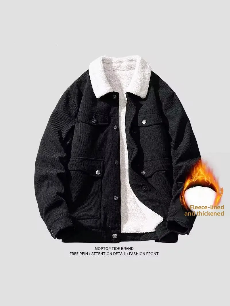 Men's Corduroy Jacket Autumn Winter Fashionable Casual Collar up Vintage Thickened Long Sleeve Standard Fit Warm City Style