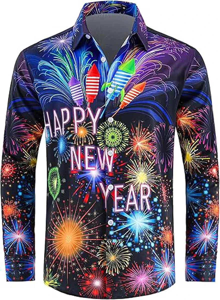 الرجال جديد لامعة عيد الميلاد السنة الجديدة عطلة 3D قميص مطبوع الشارع عارضة الطازجة المتضخم تنفس التلبيب زر قميص هاواي صيفي #2