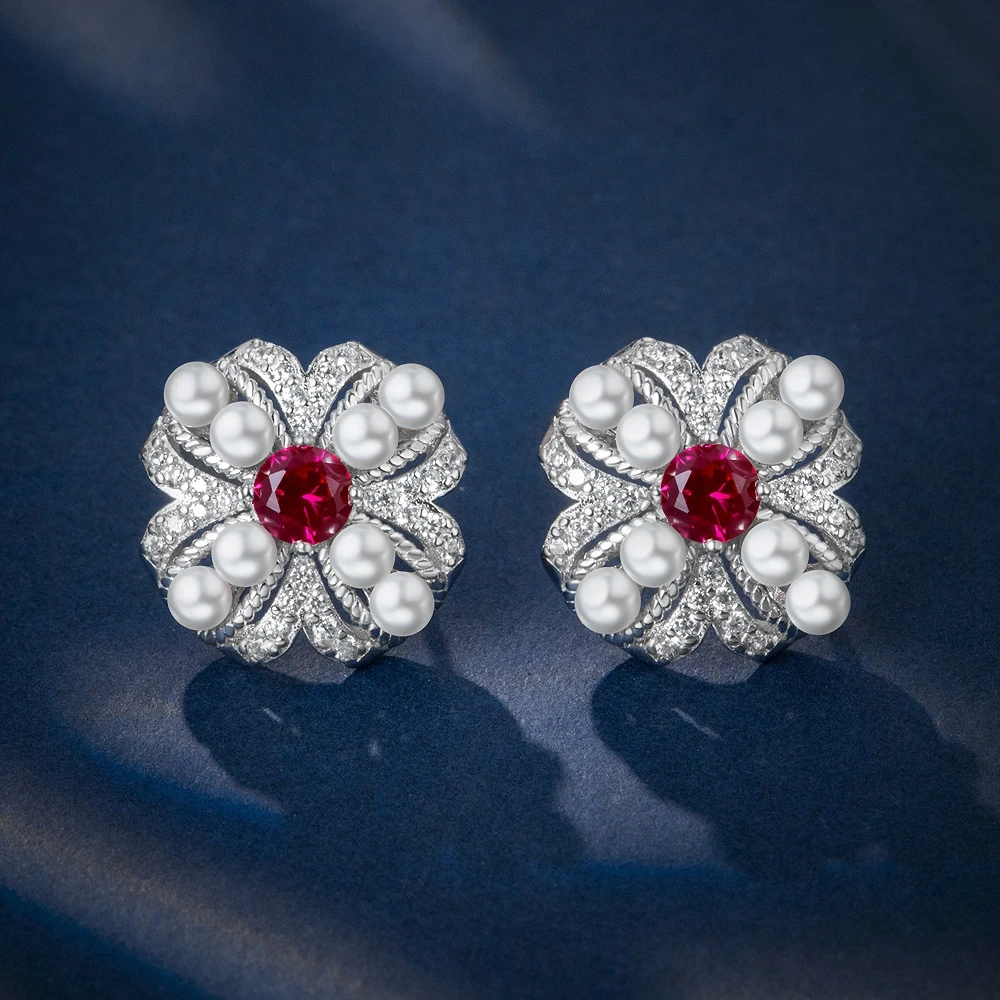 Wong Rain Vintage Elegant 925 Sterling Silver 4*4 MM Round Cut Sapphire Ruby Pearl Gemstone Flower Ear Studs Earrings Jewelry