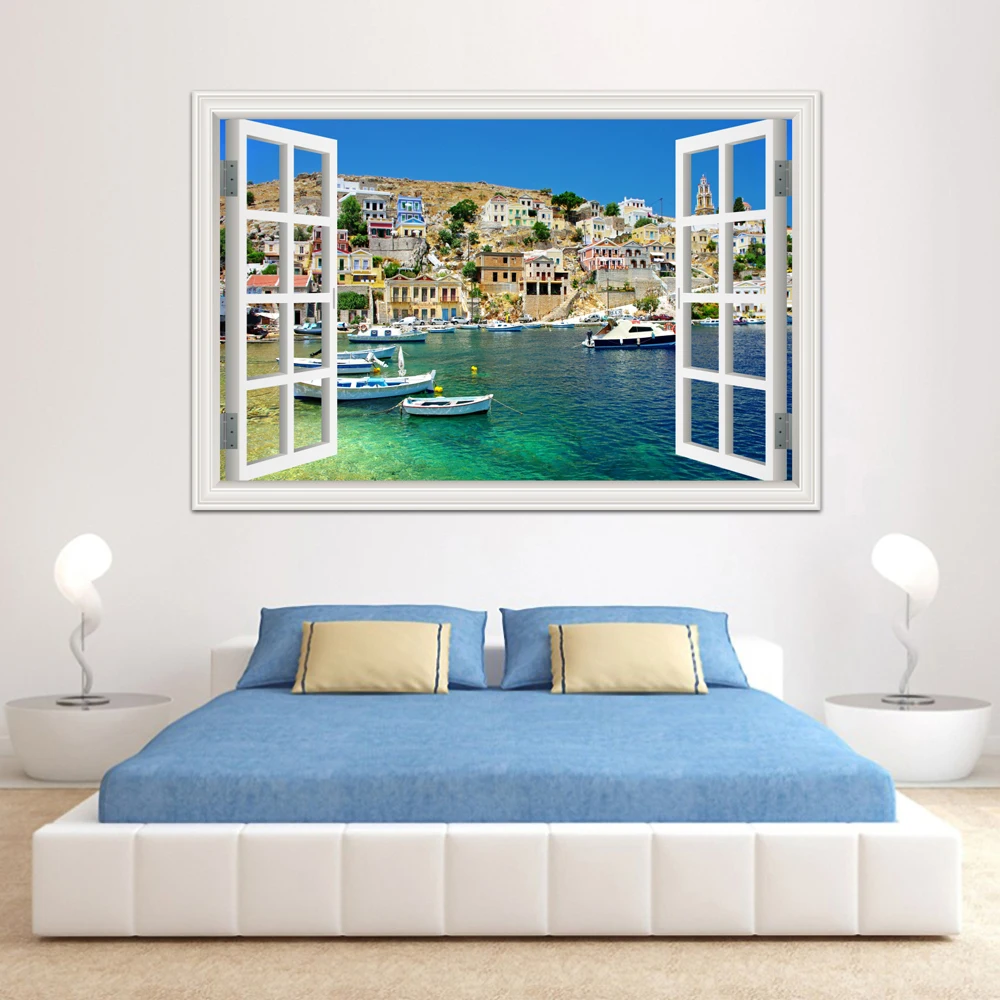 Greece City Landscape 3D Window View Wall Sticker Water City Vinyl Decal Aesthetic Kitchen Room Decor Wallpaper Sticker