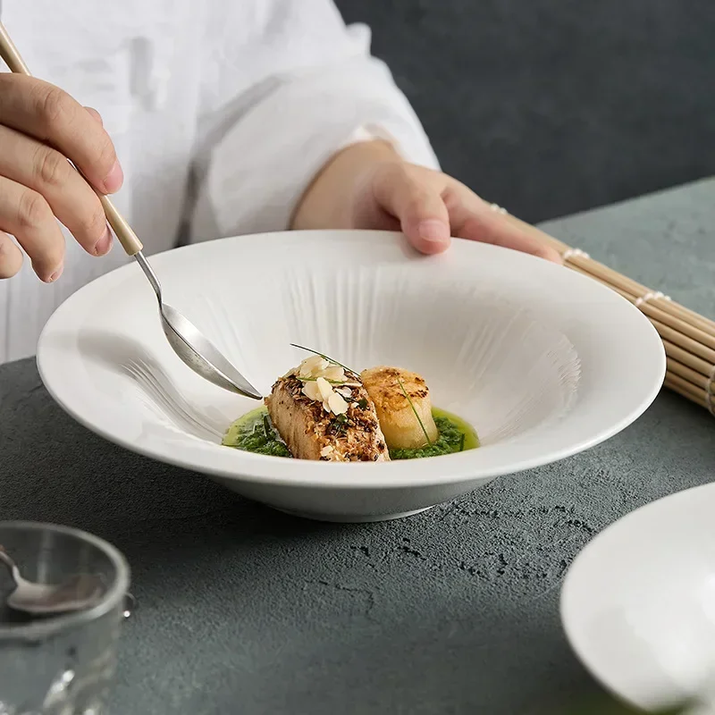 Striped Circular White Porcelain Bowl, Household Deep Dish, Soup Bowl, Noodle Bowl, High-end Ceramic Tableware, Fruit Salad Bowl