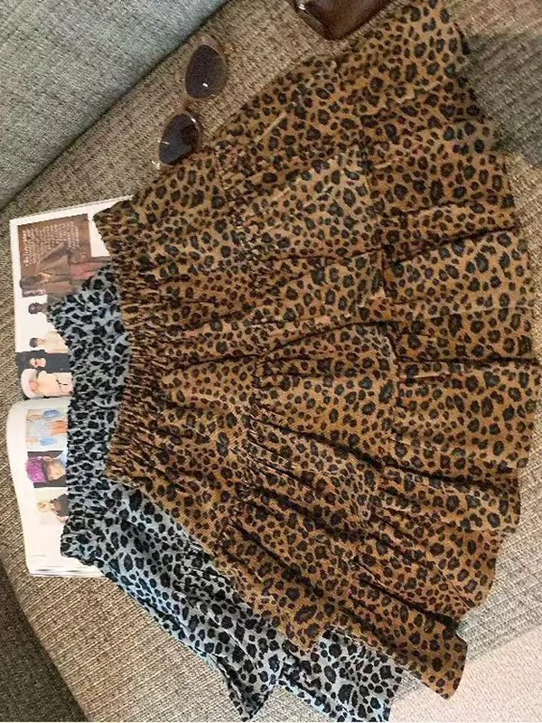 Summer New High Waist Cake Short Skirt Sweet Small Size Elastic Pleated Puffy Leopard Print Half Body Skirt for Ladies