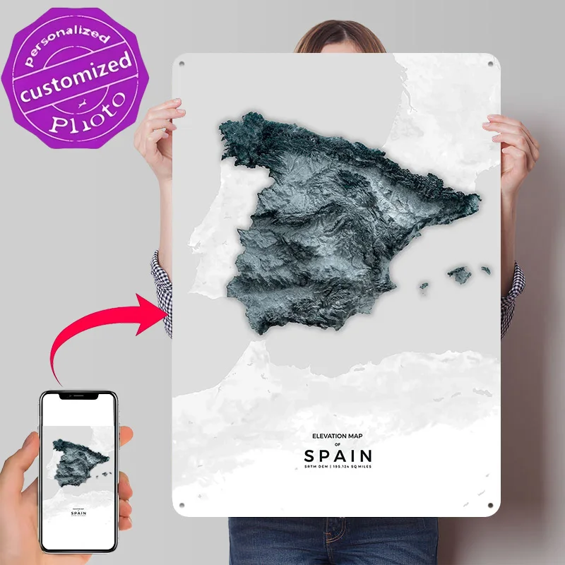 Spain Elevation Relief Map Poster Retro 3D Printed Metal Signs Customized Wall Hanging Gift for Living Room Decoration Items