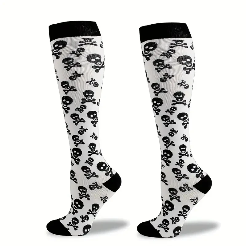 1pair Men\'s Halloween Compression Long Socks, Skull Pattern Socks, Comfy Breathable Casual Socks