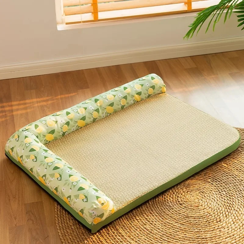 

Summer Dog Bed Cat Cushion With Ice Silk Cool Pet Mat Puppy Sleep Nest Kennel Cooling Rattan Pet Matress Medium Big Cat Dog Bed