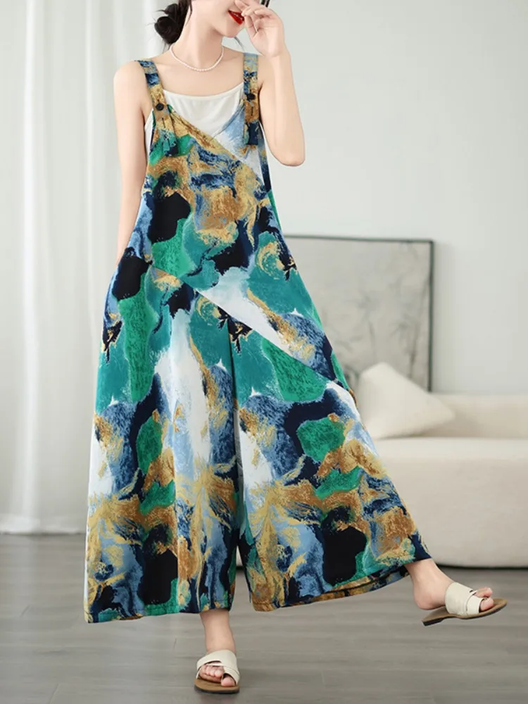 Retro Gradient Print Halter Dress Pants Women's Summer plus Size Loose Casual Slimming Age-Defying Jumpsuit Pants