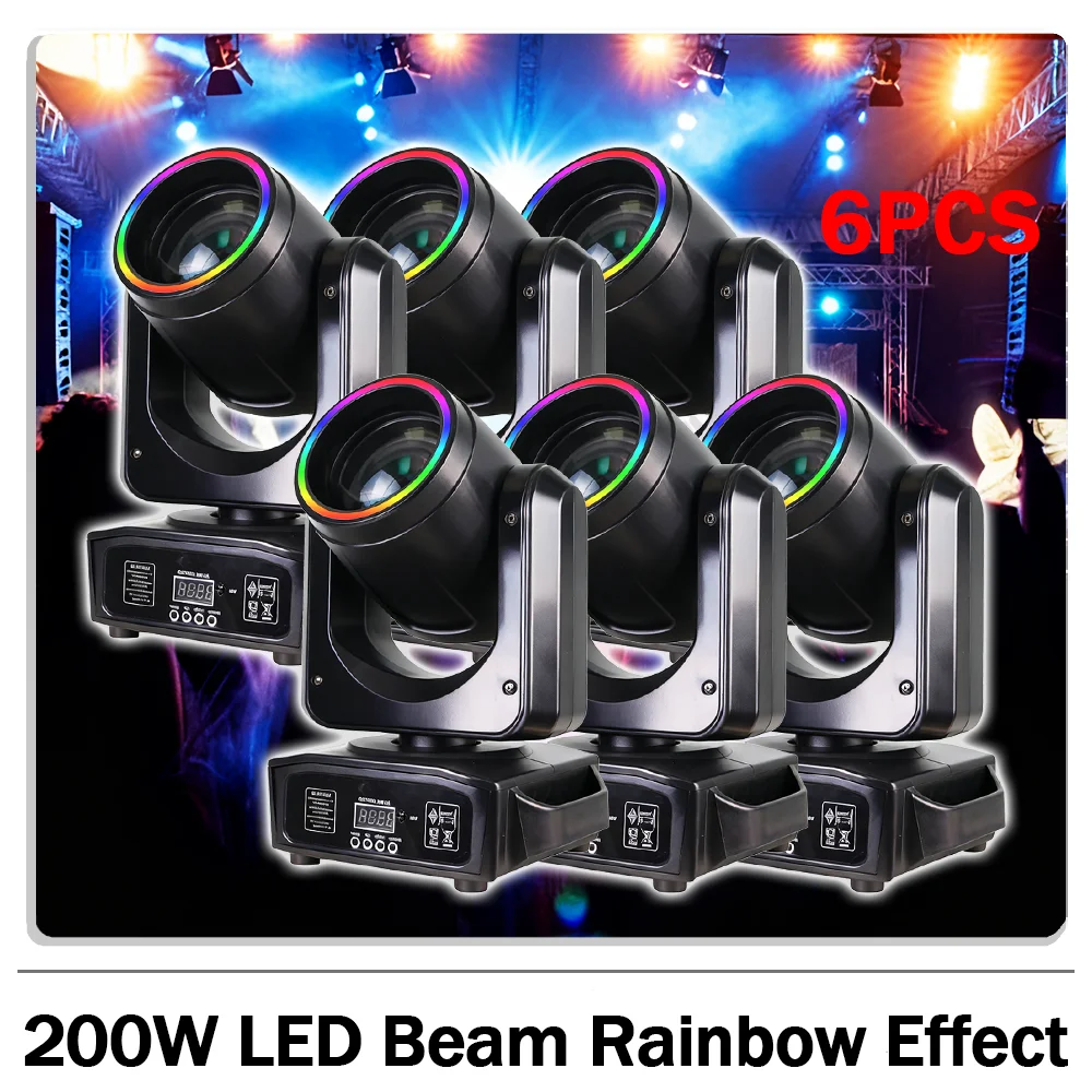 

6 шт./лот, 200 Вт светодиодный светильник с подвижной головкой и кольцом с эффектом радуги, 7 гобов, 18 призмов, сценическое освещение DMX512 для DJ Disco Party Bar