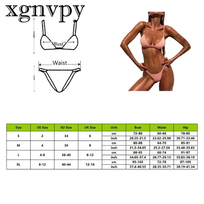 Xgnvpy Set Bikini seksi wanita, pinggang rendah Push-Up warna Solid pakaian pantai Thong pakaian renang dua potong untuk musim panas