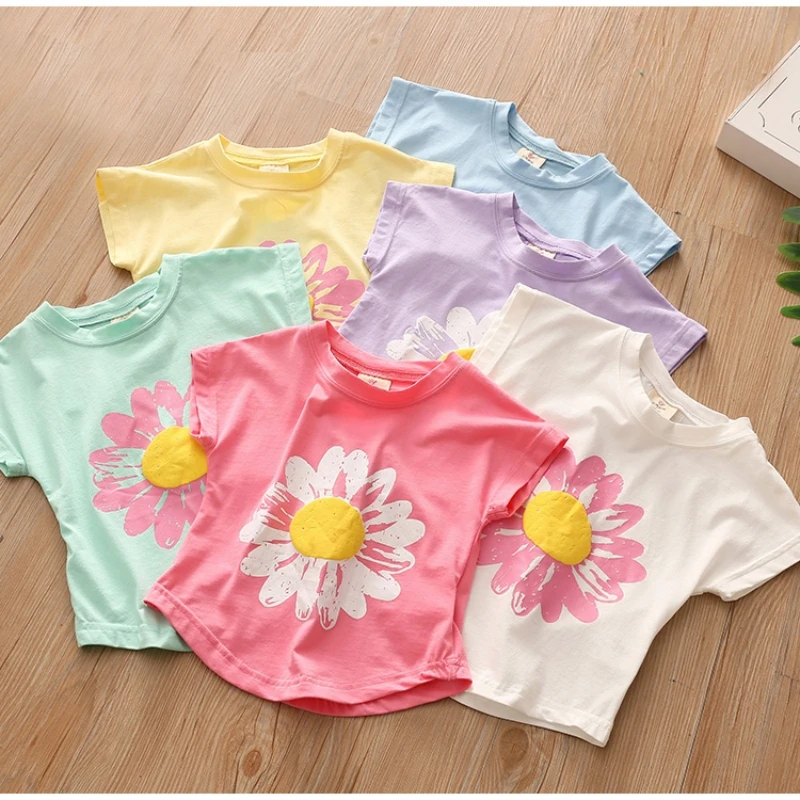 2023 Summer 2 3 4 6 8 10 Years Children\'S Clothing Kids Tops Short-Sleeve Cotton Basic Flower T-Shirt  For Kids Girl