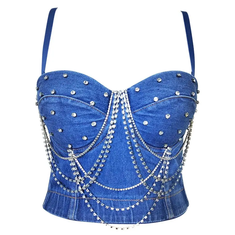 

2023 New Bustier Bra Rhinestones Tassel Beaded Fashion Rock Denim Tank Tops for Women Sexy Vest Female Camis Cropped Top Y565