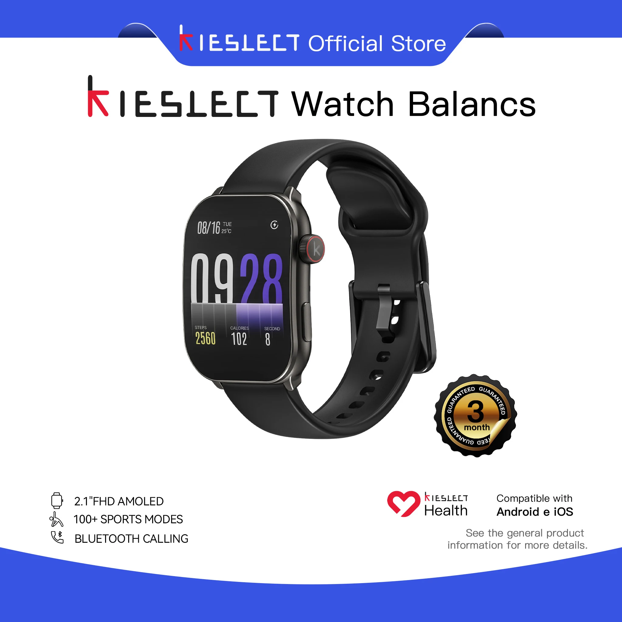Reloj Inteligente Kieslect Balancs con Llamadas, Pantalla AMOLED Curva de 2.1'', AOD, Monitor de Salud y Ejercicio, Pantalla Táctil, Resistente al Agua