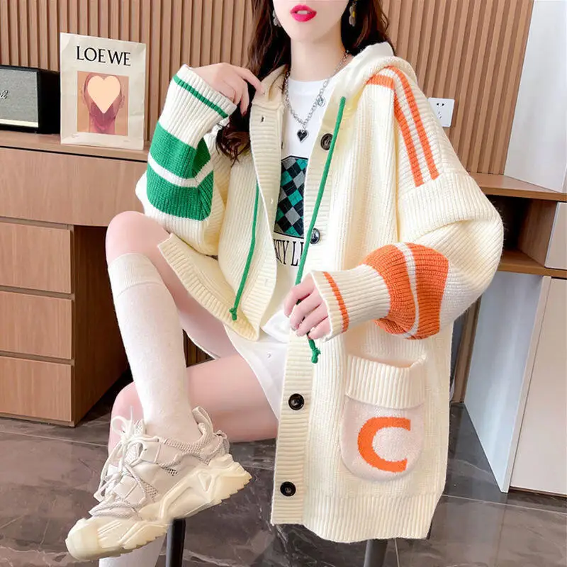 

Осень-зима 202, новый женский свободный вязаный кардиган среднего и длинного размера с капюшоном, топы в ленивом стиле, повседневный старинный свитер в западном стиле