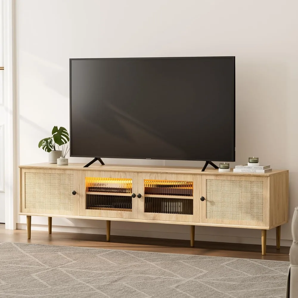 

TV Stand for 63 Inch TV, Mid Century Modern Entertainment Center with Natural Rattan Door, Storage Shelves, LED Light, Long Tele
