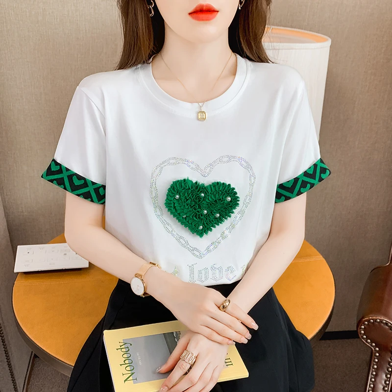 

2023 New Summer Korean Clothes Cotton Loose T-Shirt Women Chic Sexy O-Neck 3D Flower Shiny Diamonds Tops Short Sleeve Tees 34297