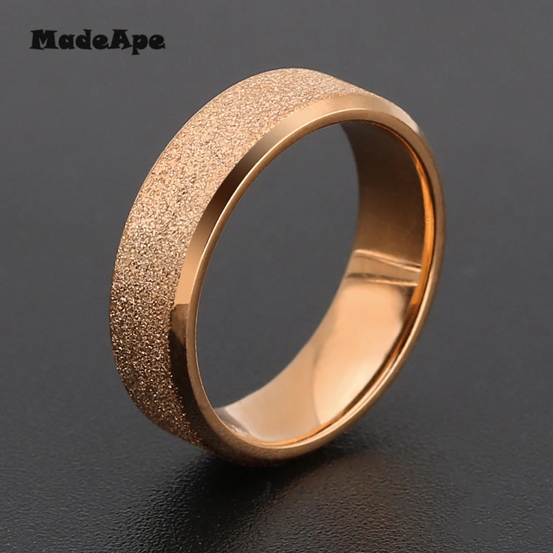 MadApe Rose Gold Color Frosted Finger Ring For Woman Man Wedding Jewelry 316L Stainless Steel Top Quality Never Fade Width 6mm