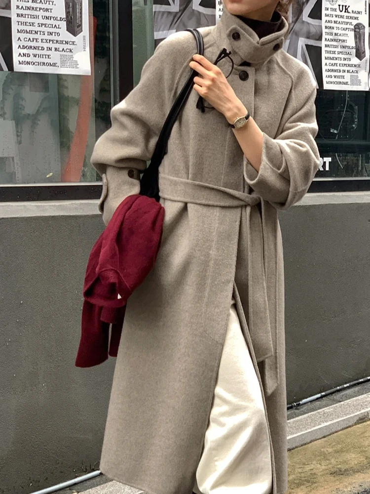 

Ele винтажное длинное пальто, женское осенне-зимнее шерстяное платье с воротником-стойкой и завязкой на одной пуговице на талии, высококачественная верхняя одежда