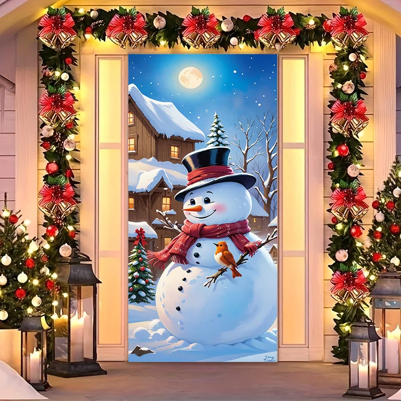 1-piece stretchable polyester - super elastic door cover banner, festive Christmas snowman design, easy to install and clean