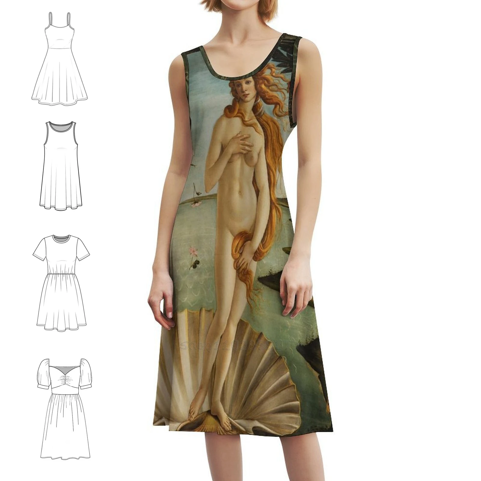 ولادة فينوس من بوتيتشيلي. فستان بوهو شيك أنيق على الشاطئ وحفلات الزفاف وحفلات الزفاف من Boticelli Venus Renaissance للسيدات