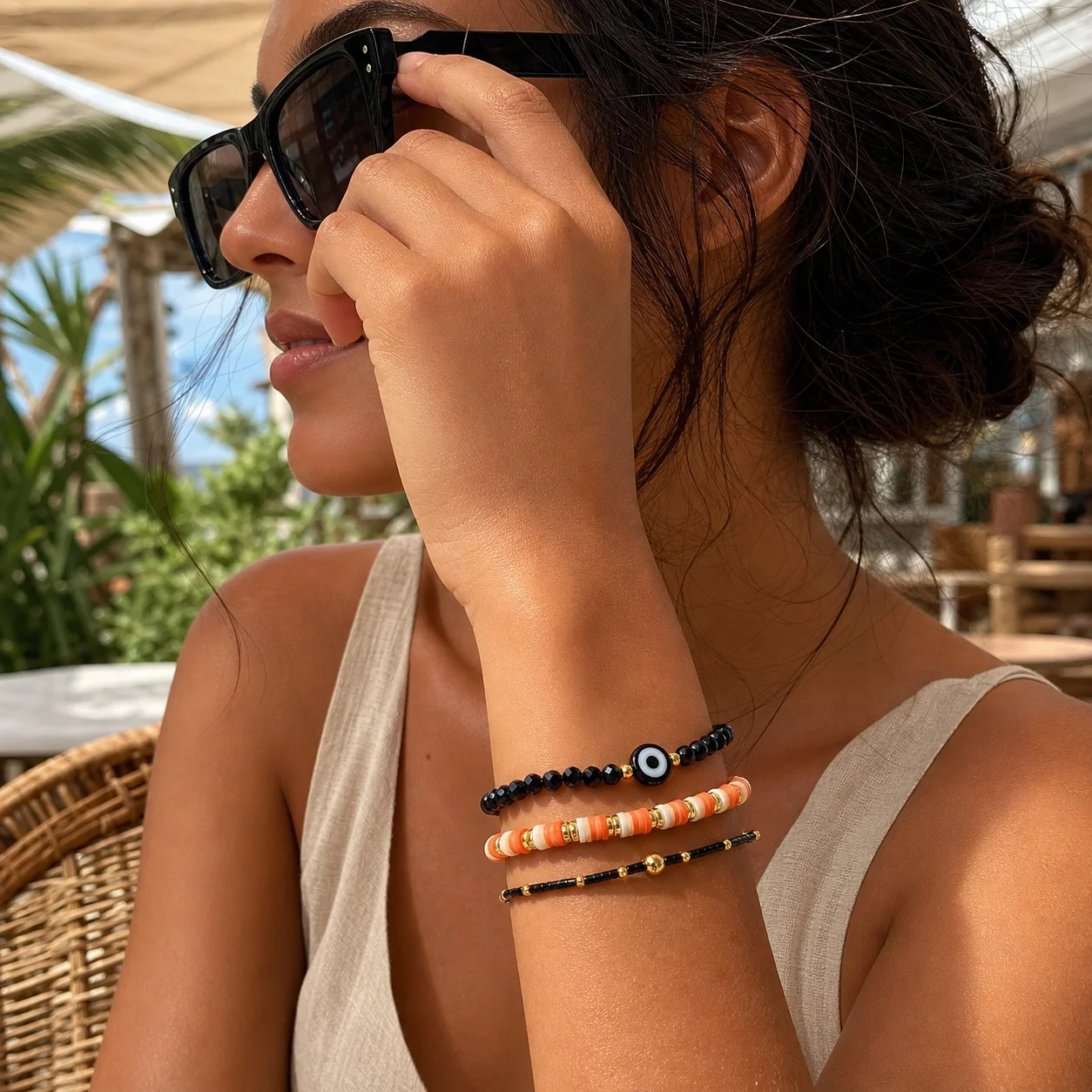 3pcs Evil Eye Glass Beaded Bracelet Set with Copper Beads Black Orange Boho Layered Bracelet for Women Beach Style