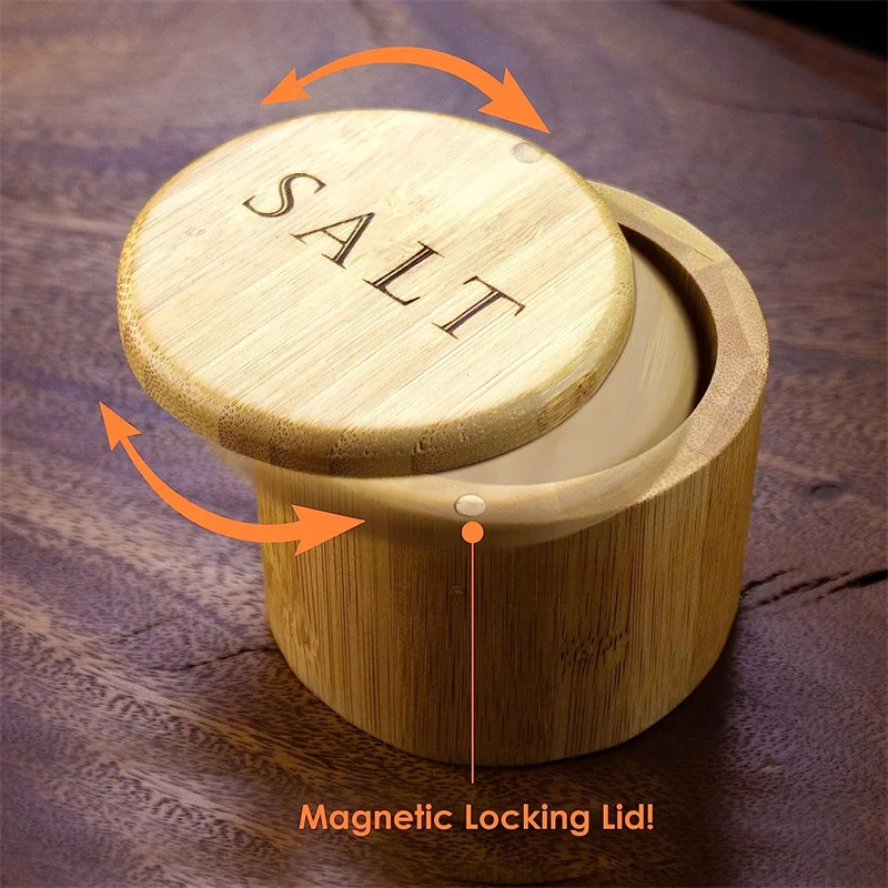 Totally Bamboo Salt Cellar Bamboo Storage Box with Magnetic Swivel Lid Salt Jar Storage Box Wood Storage Keeper for Condiments