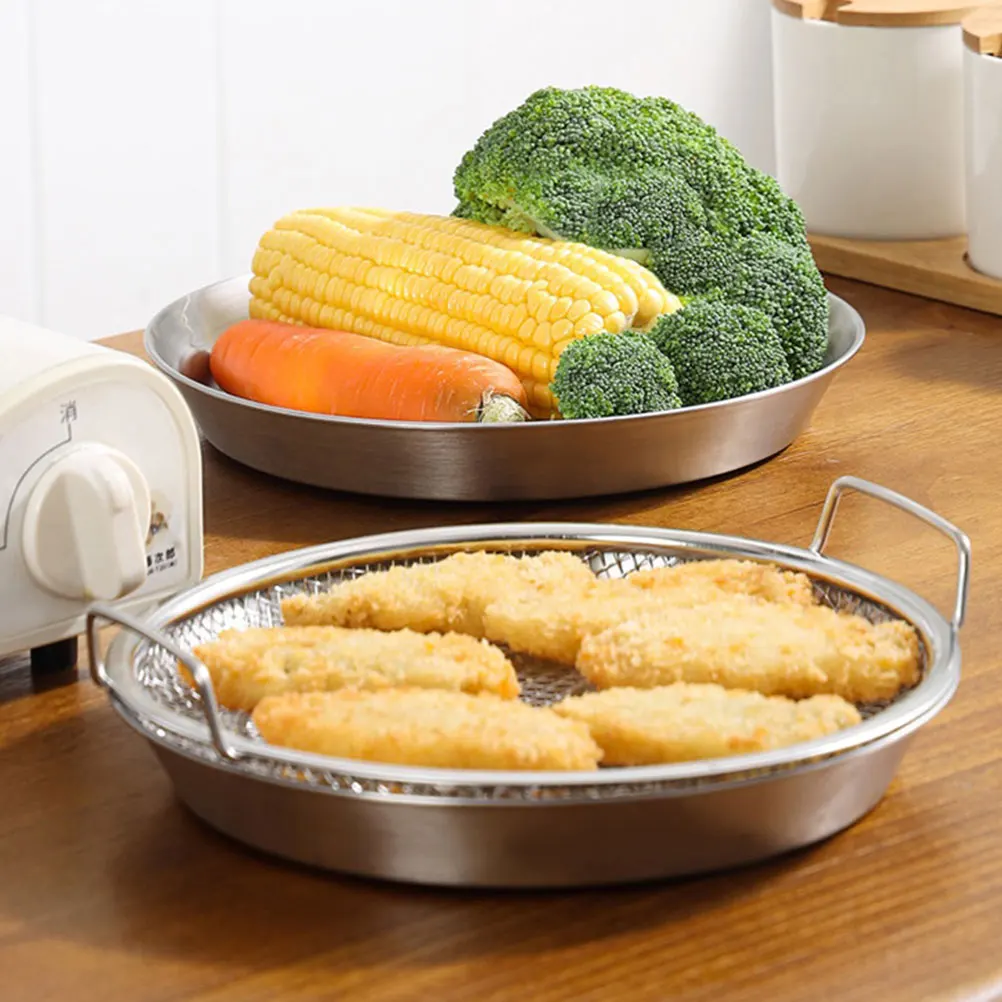

Stainless Steel Frying Drain Pan 18cm Double Ear H Oil Filter Basket Plate Metal Dish Snack Serving Food Holder