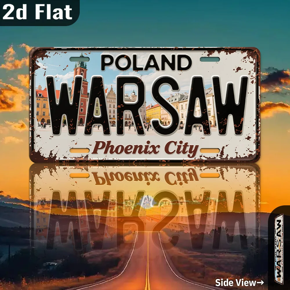 2D Flat, 1pc Vintage Warsaw Poland Metal License Plate WallAlum for home, Garage, Office, Cafe - Ideal Gift for Travelers Lover
