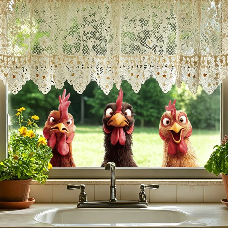 3 Static Window Stickers, Expressive Cartoon Roosters Peeking Through Glass, Suitable For Farm Stores, Country Home Decorations