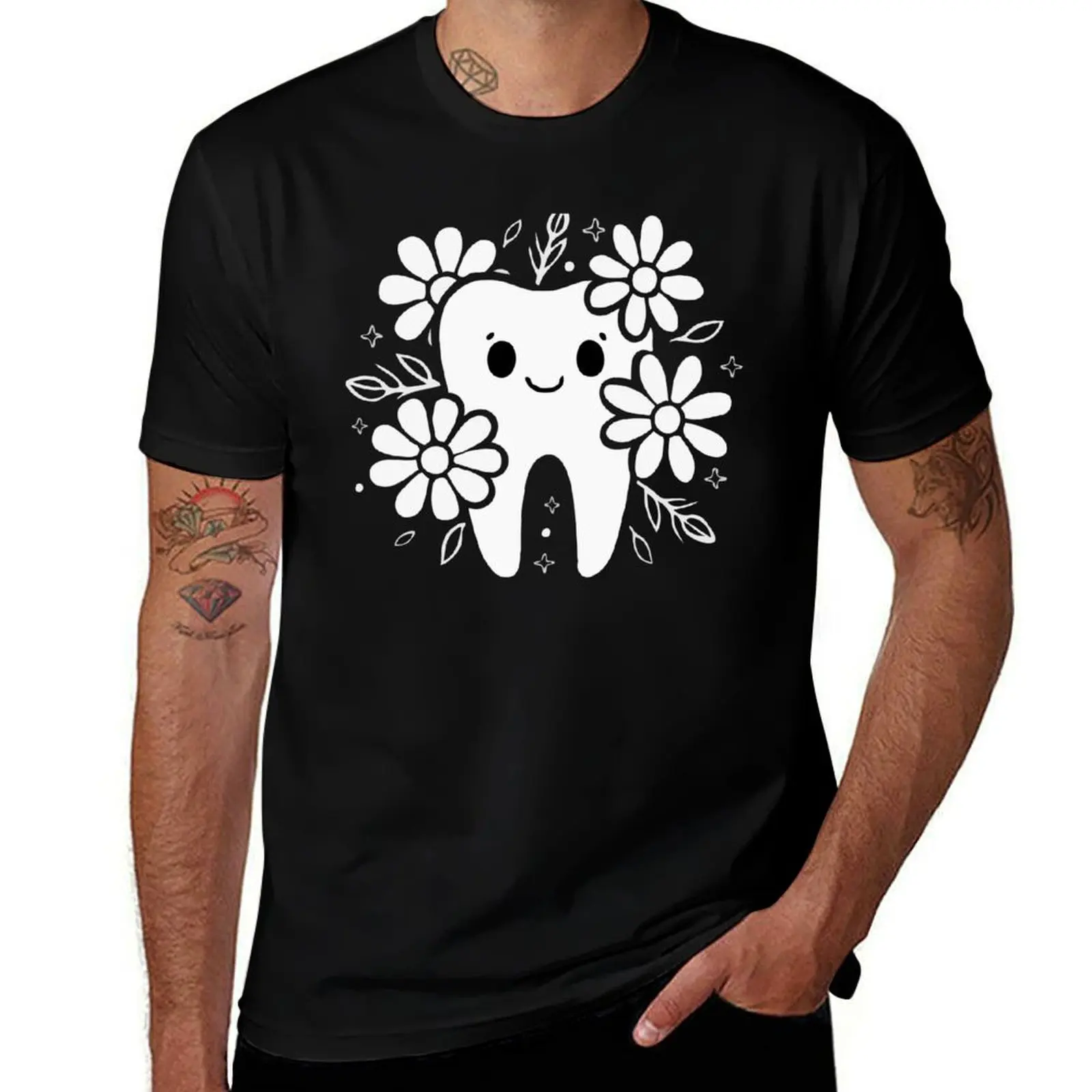 Kawaii Tooth with Flowers T-Shirt t shirt for man T-Shirt