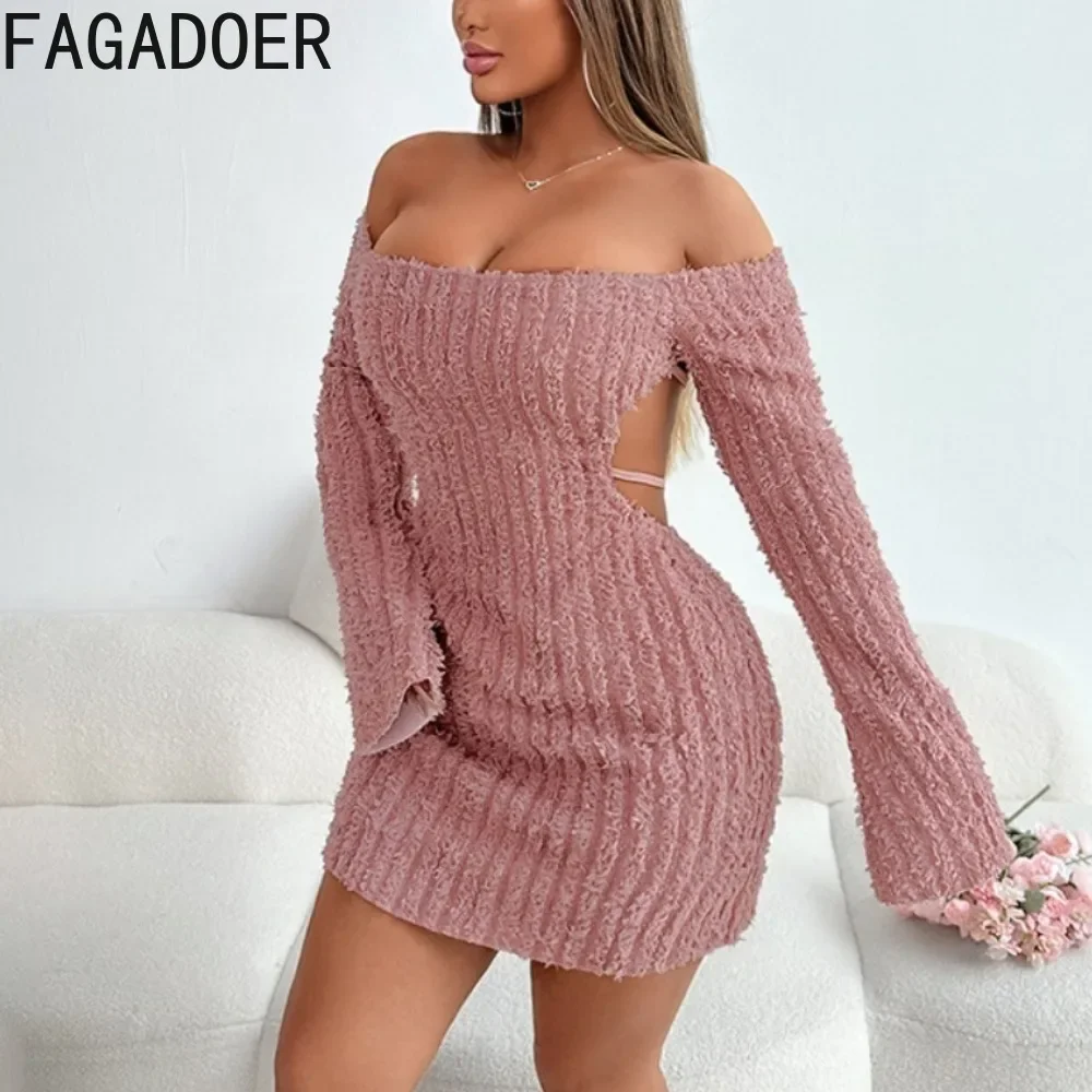 FAGADOER Sexy Striped Off Shouler Backless Bodycon Mini Dresses Women Long Sleeve Lace Up Slim Vestidos Fashion Female Clothing