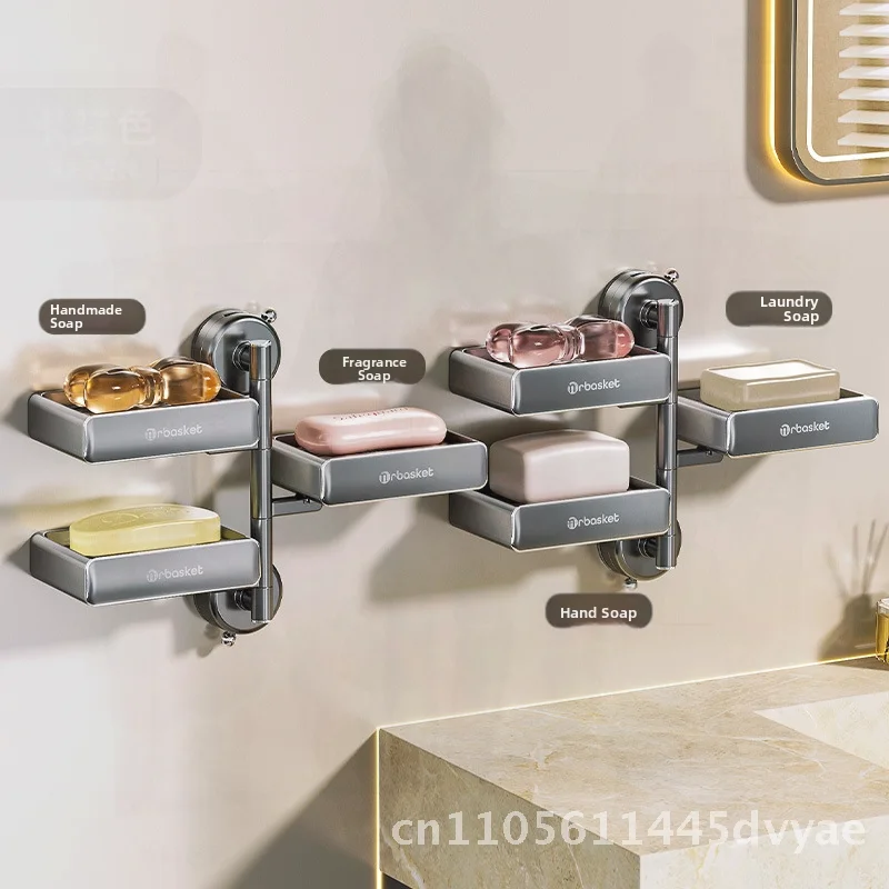 

Неперфорированная коробка для мыла на присоске, настенная двухслойная полка для хранения для бытовой ванной комнаты, высококачественный серый ПЭТ из нержавеющей стали