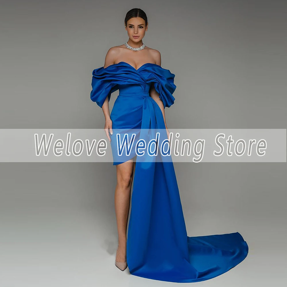 Royal Blue Off Shoulder Prom Dresses Pleat Detachable Train Satin Formal Evening Party Gown Mini Corset Vestido De Fiesta 2024