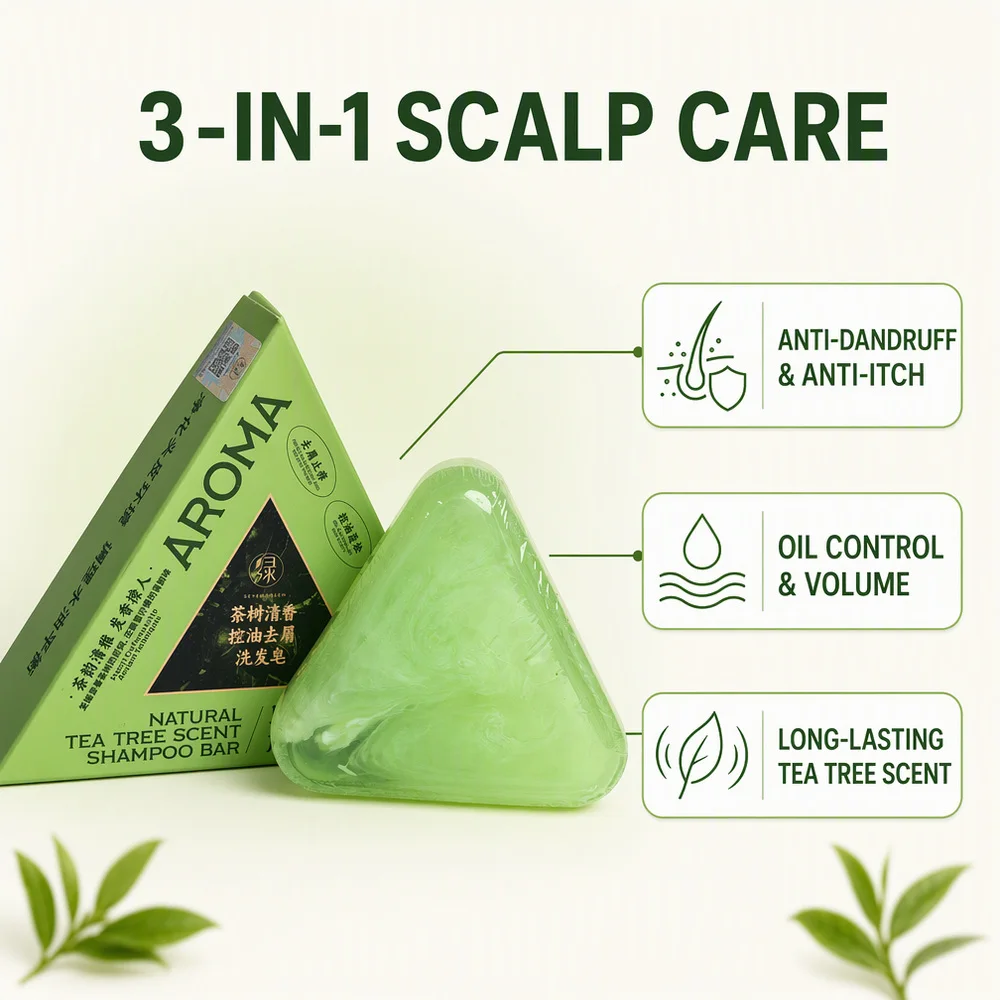Triangular Tea Tree Solid Shampoo Bar Gentle Scalp Cleansing Oil Control Volumizing Hair Soap with Bonus Foaming for Oily Hair