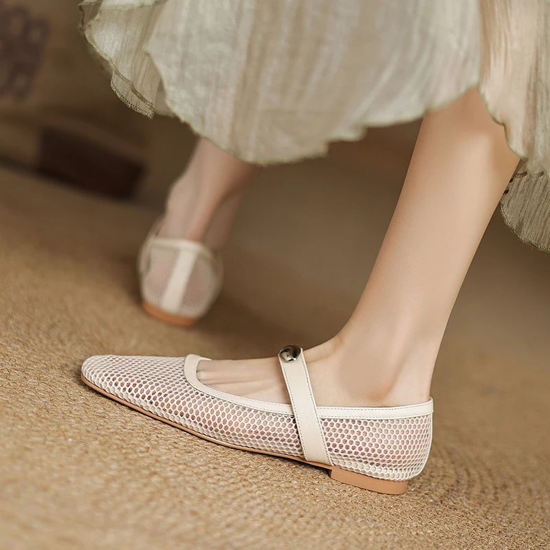 2026 new summer women sandals natural leather plus size 22-29cm mesh+cowhide+sheepskin hollow-out buckle low heel women shoes