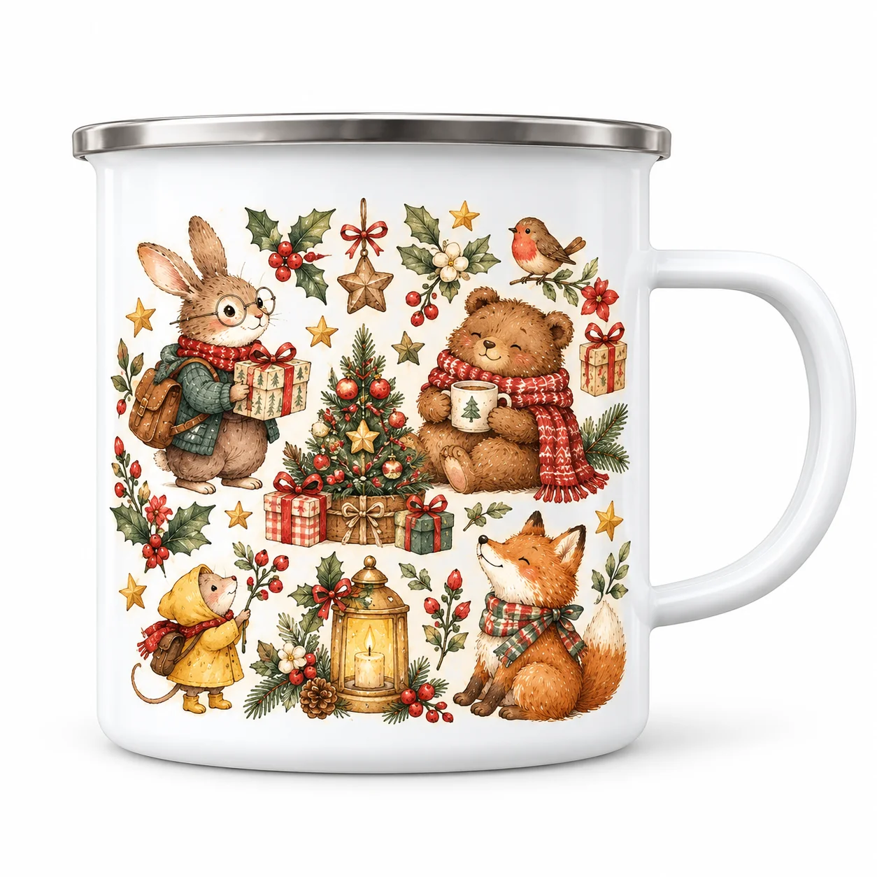 1pc Christmas Themed Sublimation Enamel Coffee Mug, Forest Animal Pattern Cup, Unique Holiday Gift, For Hot Tea & Coffee Drinkin
