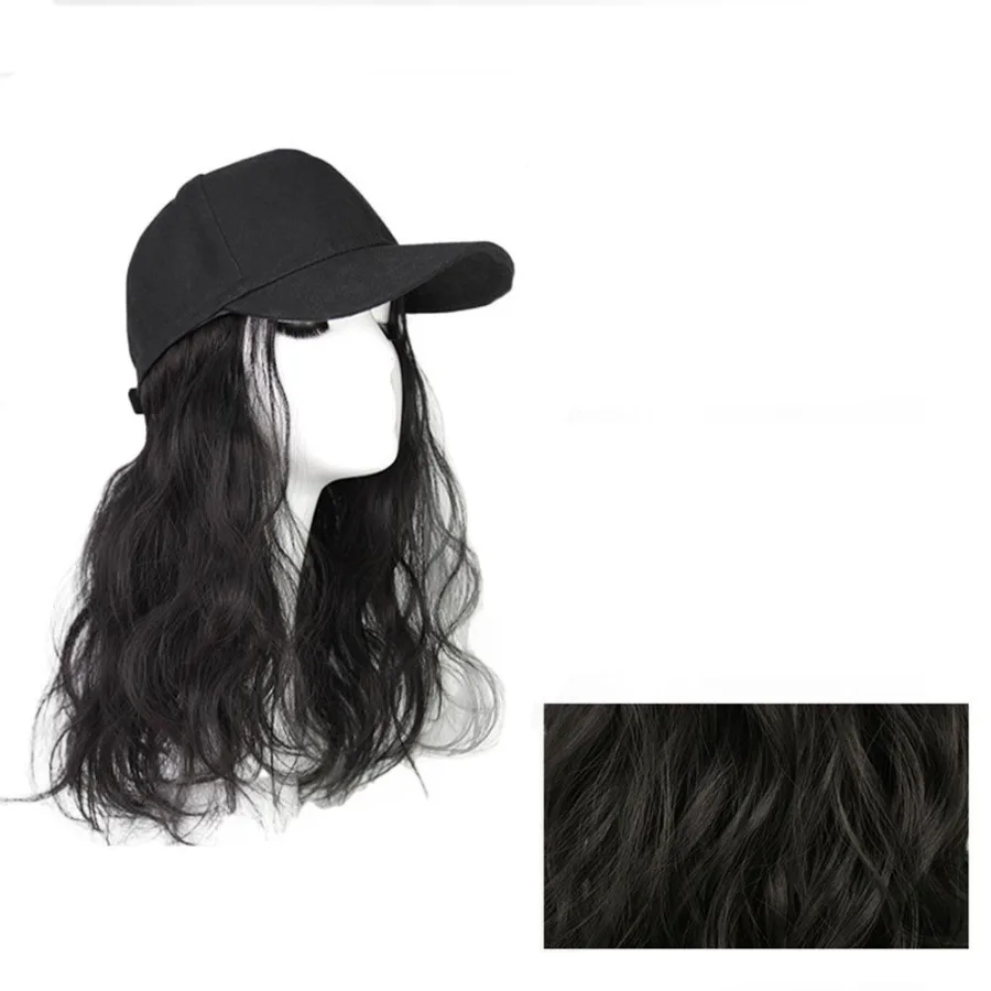 

Black Baseball Cap with Fluffy Wavy Black Synthetic Hair Extension Wig Hat for Womens