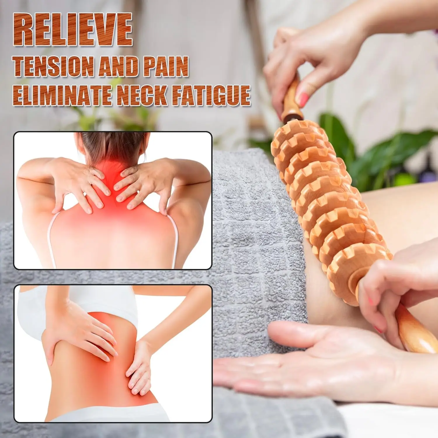 Body Fascia Massager Anti-slip Handle Wood Grooved Gear Arms Legs Thighs Buttocks Smooth Roller Massager for Back Relaxation