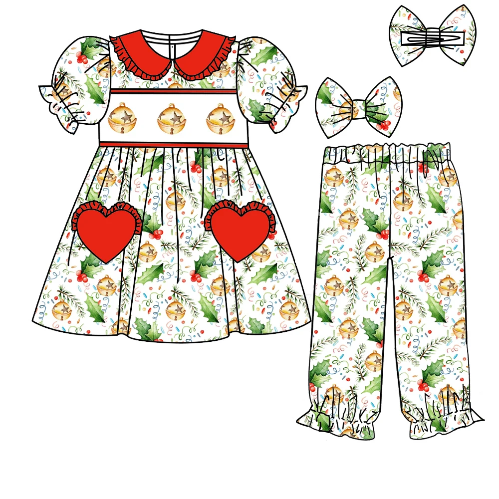 

Christmas boutique children's suit short-sleeved Christmas tree printed trousers elastic girls boys pants pajama set