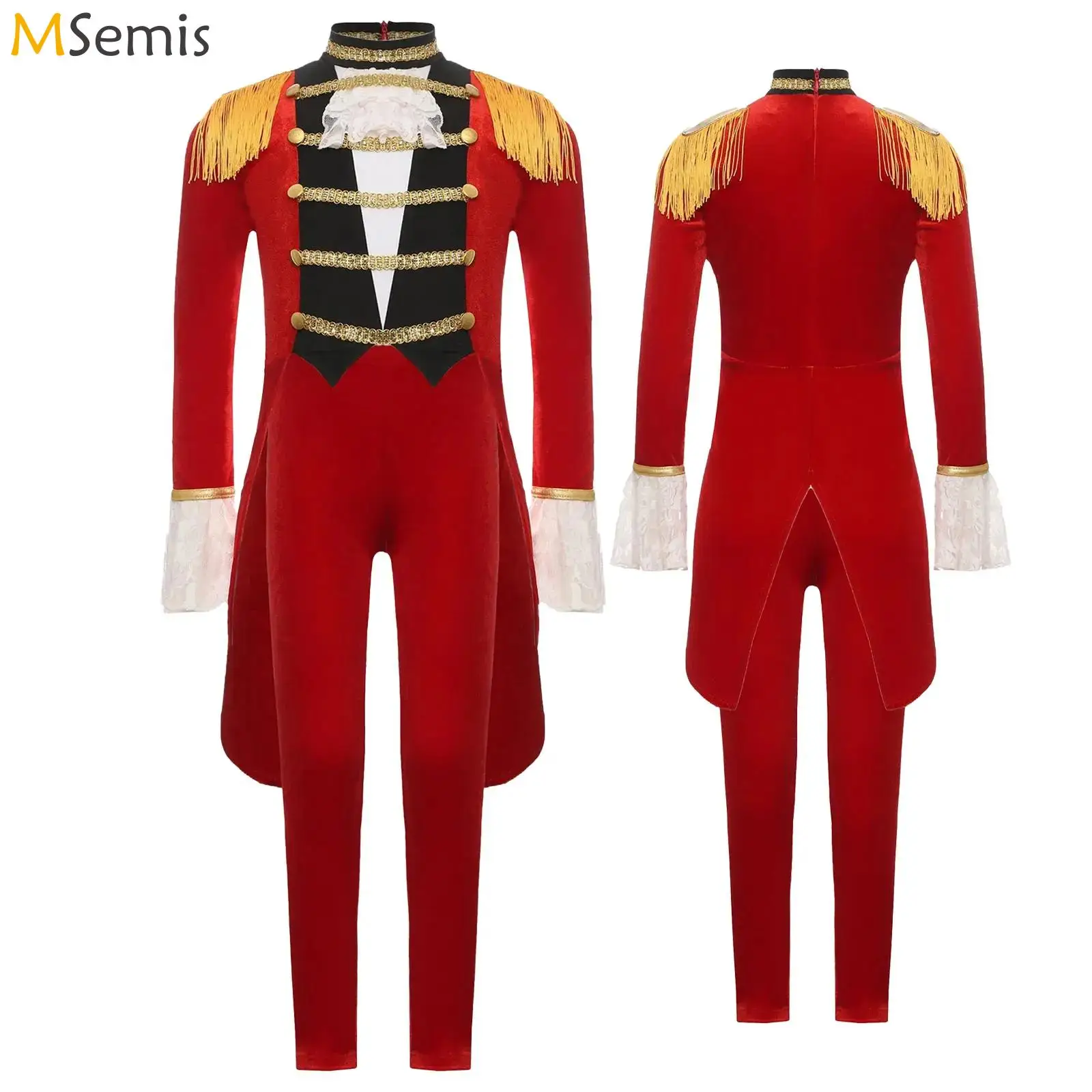 Disfraces de circo de Halloween, disfraz de maestro de ceremonias, encaje victoriano, cuello Jabot, puños, charretera con flecos, conjunto de abrigo y pantalones de terciopelo