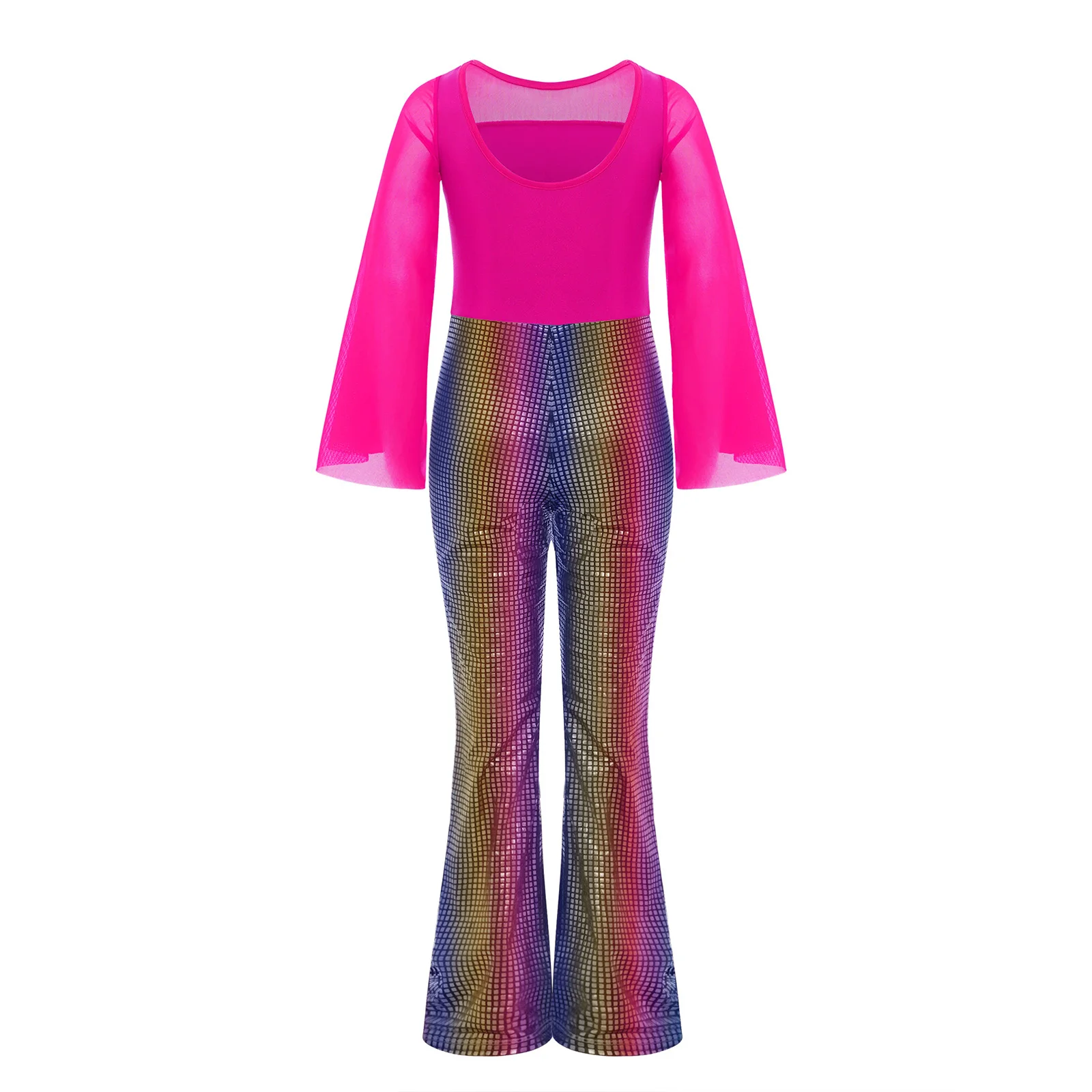 Costume da ballo latino chacha per ragazza jazz per bambini, discoteca, sala da ballo, performance sul palco, tuta per adolescenti, maniche lunghe svasate, tuta in rete trasparente