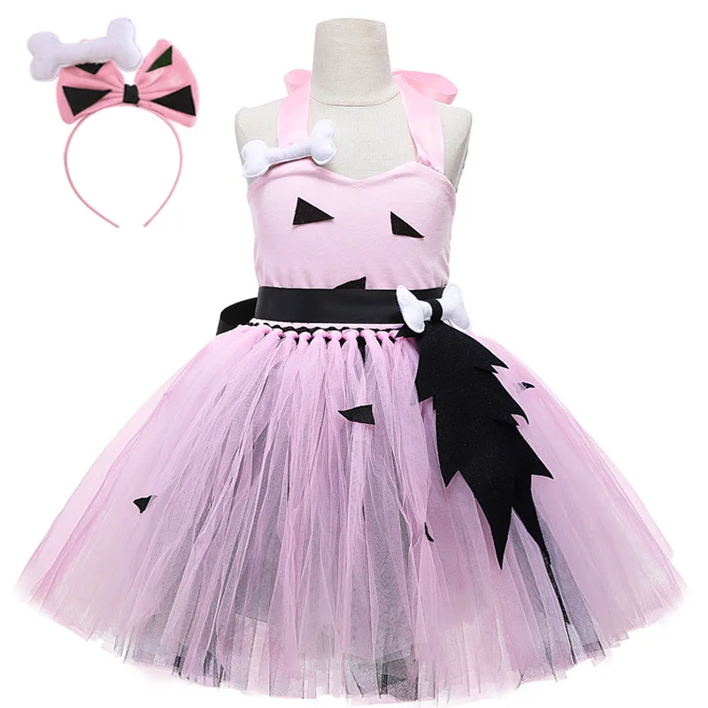 3 Colors Pebbles Flintstones Costumes Girls Christmas Halloween Dresses for Kids Clothes Carvegirl Cosplay Outfits with Bone Bow