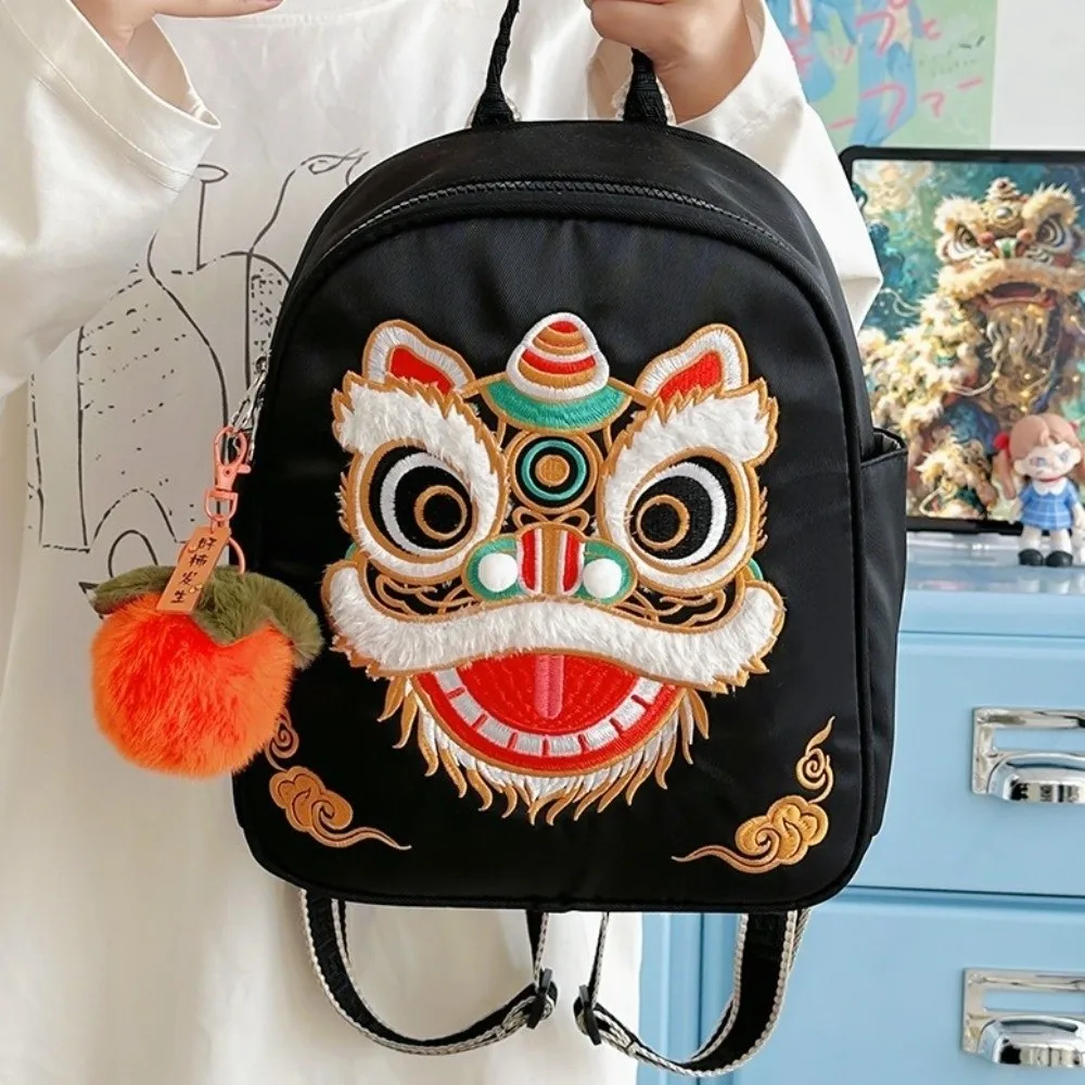 Vintage Lion Doll Backpack Lion Dance Pattern Large Capacity School Bag Under 20L Chinese Style Book Bag for Boys and Girls