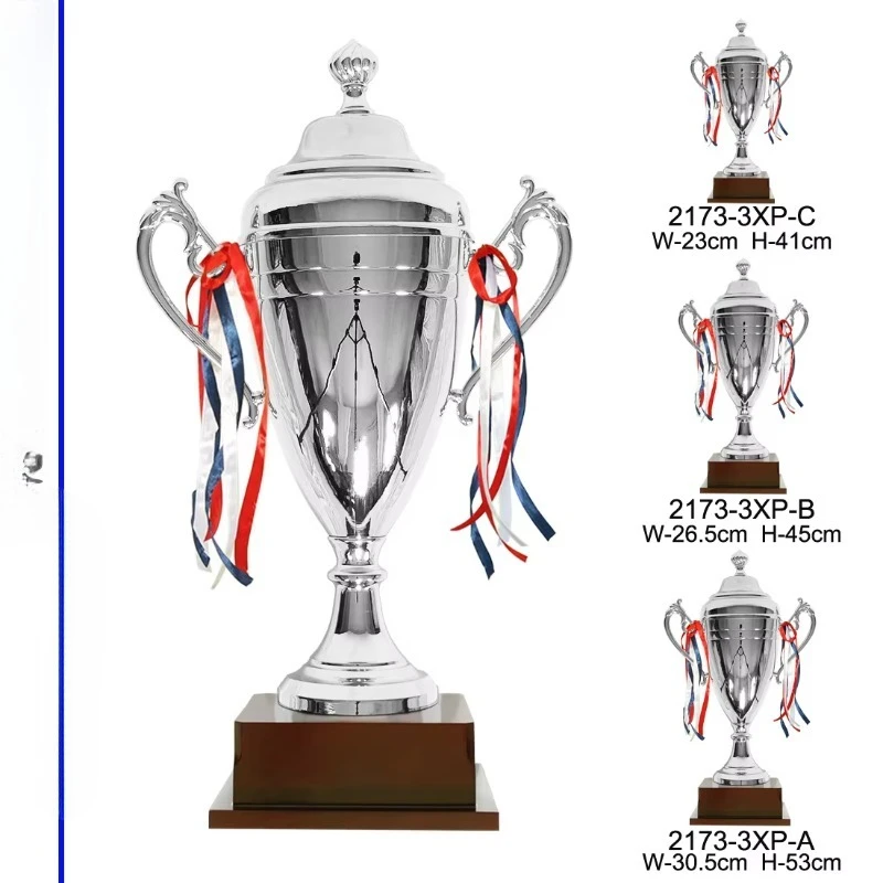 Die-cast silver trophy cup wood metal