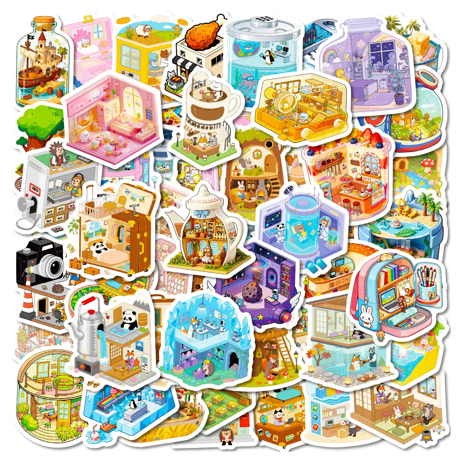 56/112 Pcs New Cartoon Series Scene Multi Theme House Stickers DIY Game for Stationery Box Notebook Phone Guitar Decals