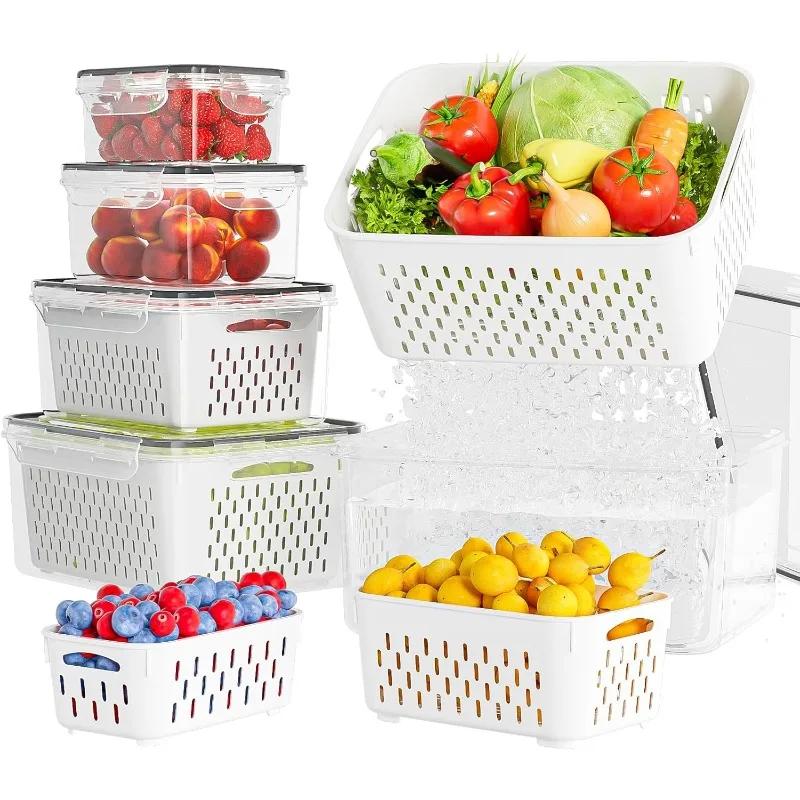 Container de Armazenamento de Alimentos para Refrigerador com Tampa Filtrante, Mantém Frutas, Vegetais, Frutas Vermelhas e Carnes Frescas por Mais Tempo, Container de Plástico